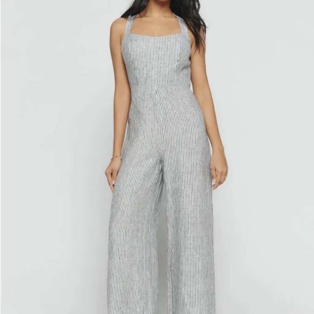 Reformation Gray Striped Autumn Linen Jumpsuit